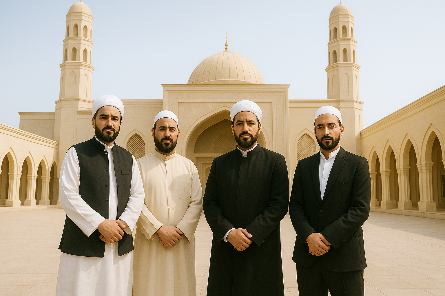 Multiple Qazis in traditional attire standing respectfully near a mosque, representing professionalism and verification